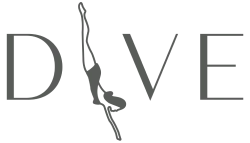 The image shows the word "DIVE" with a silhouette of a diver integrated into the letter "I".